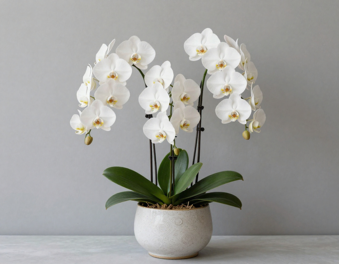 Elegant white orchid arrangement in decorative pot